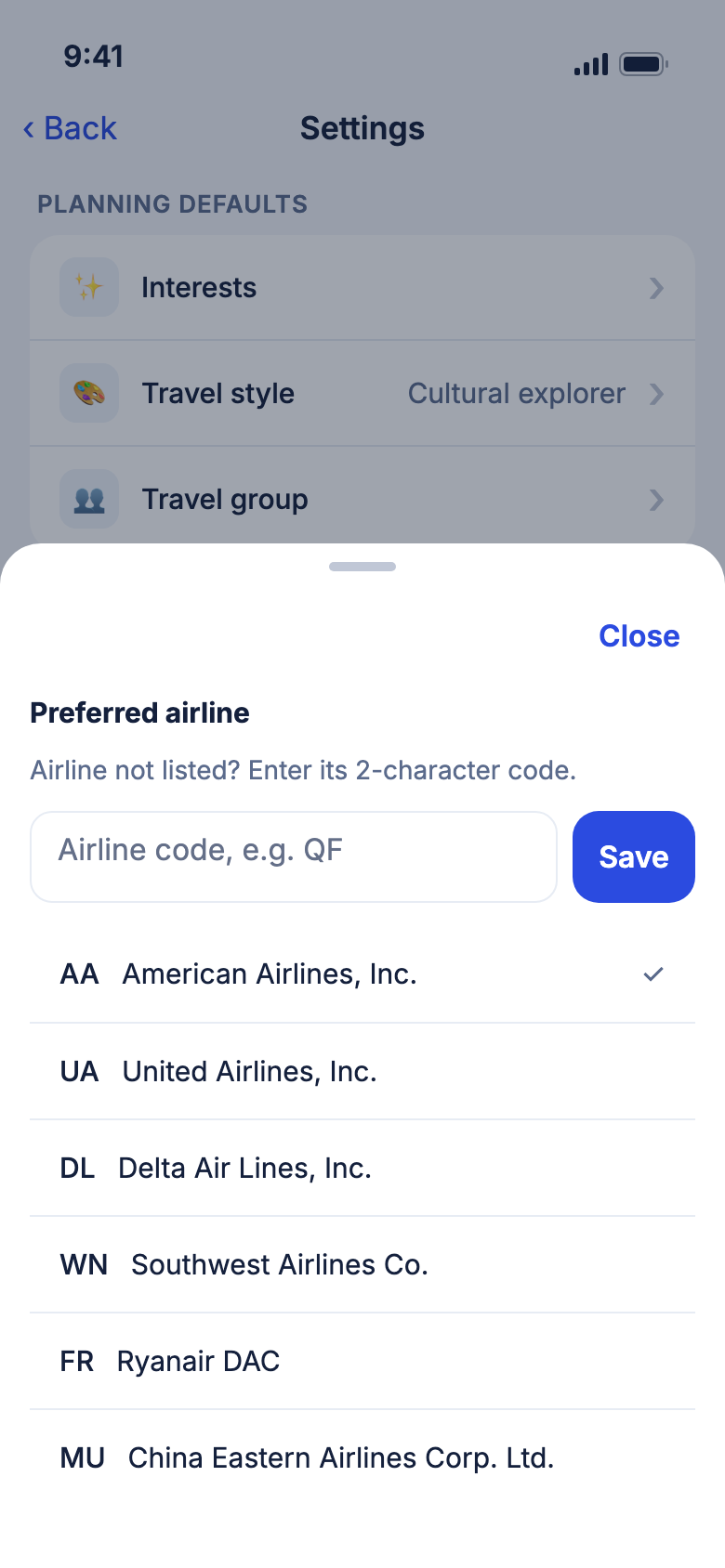 The Preferred airline list, with American Airlines ticked