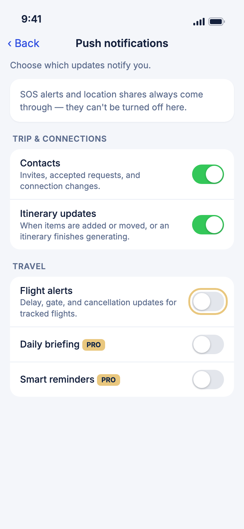 Push notifications, with Flight alerts turned off