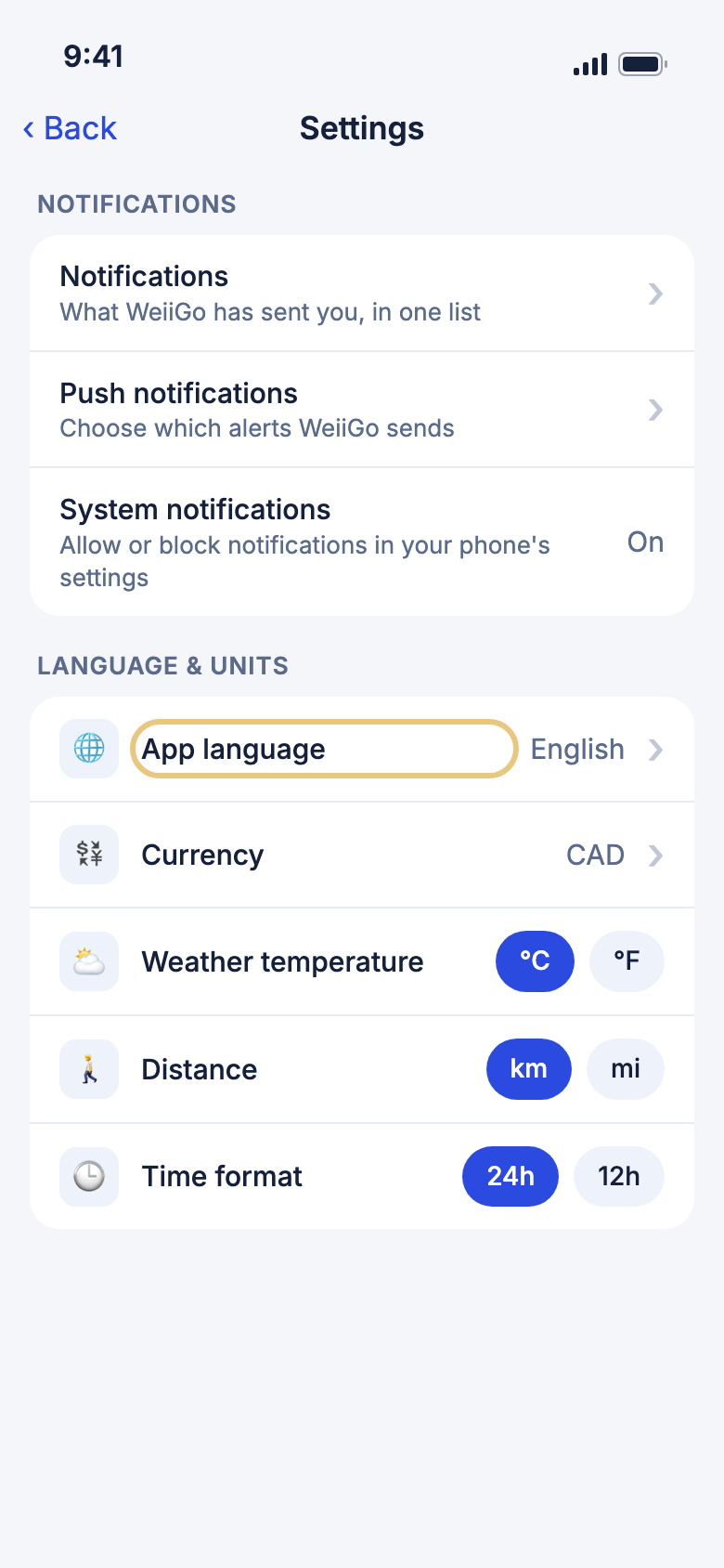 Settings, showing Language & units