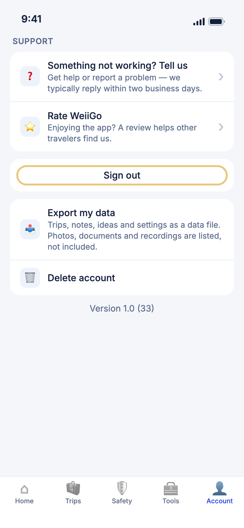 The bottom of the Account tab, with Sign out highlighted