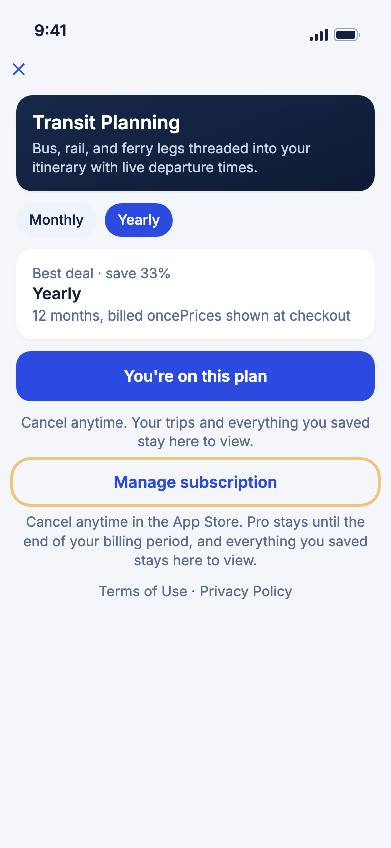 The Subscription page, with Manage subscription highlighted