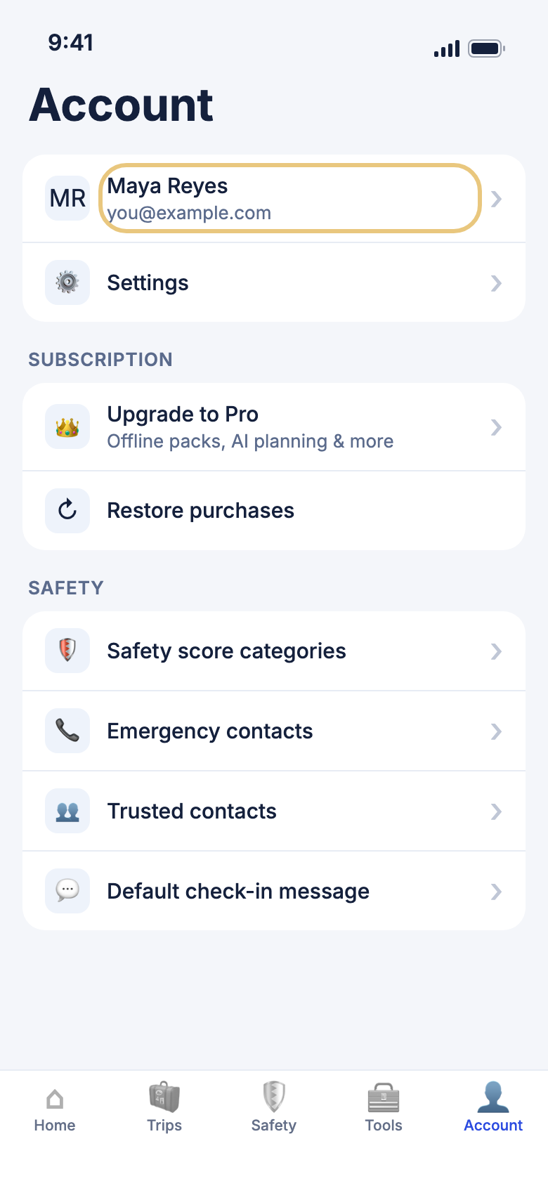 The Account tab, with your profile at the top