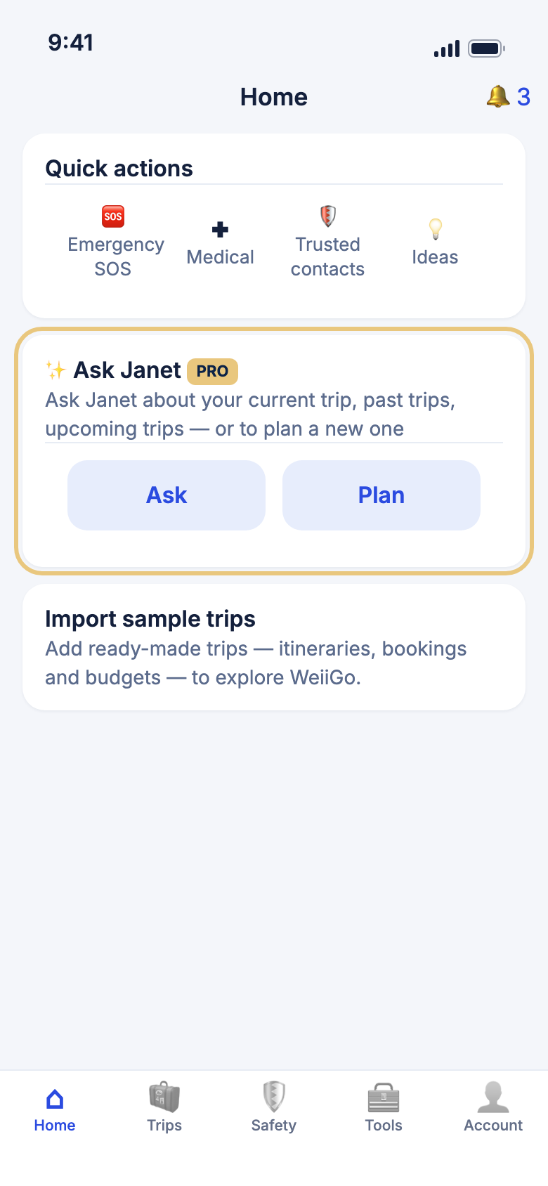 The Ask Janet card on Home, with the Ask and Plan buttons