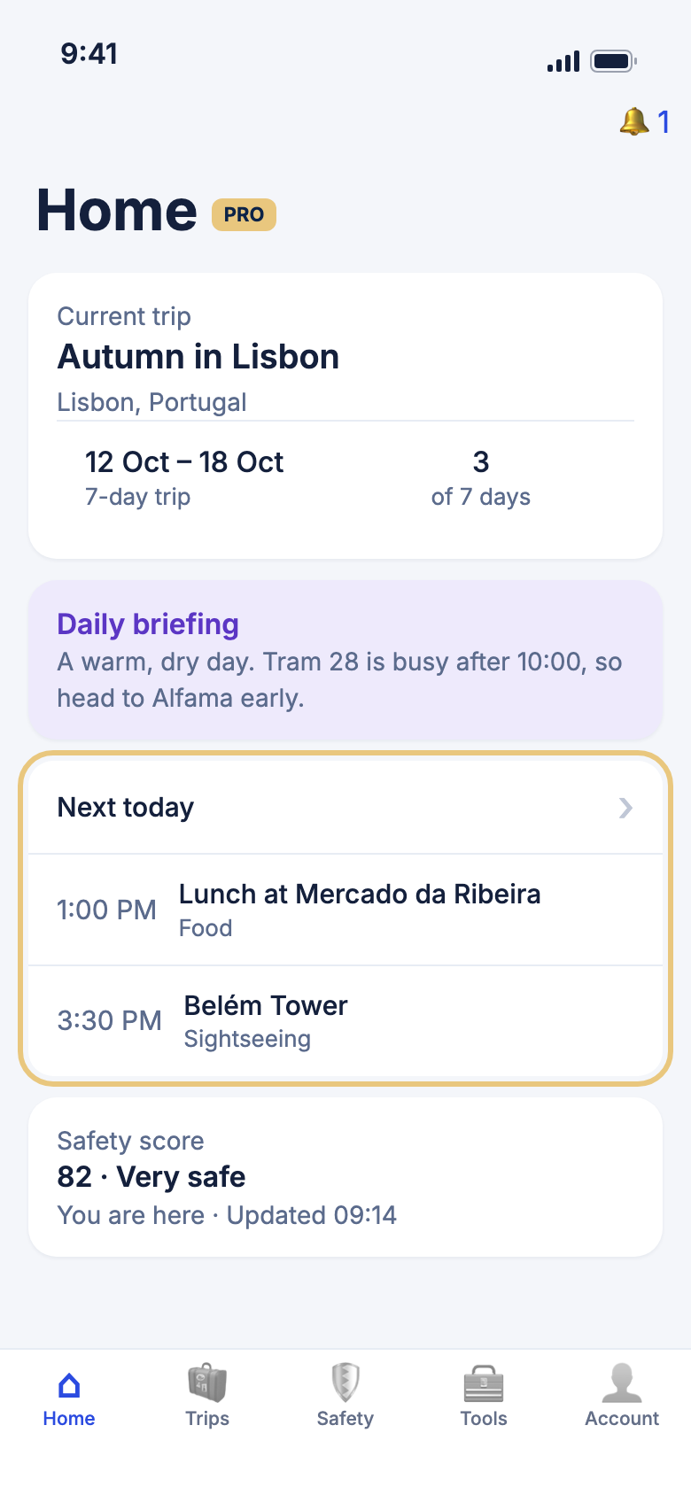 Home during a trip, with the Current trip card, the Daily briefing and Next today