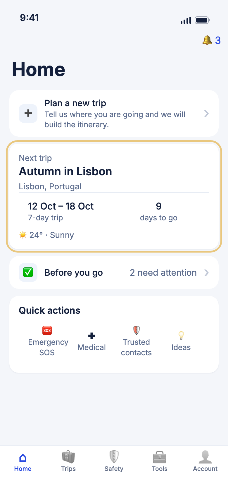 Home before a trip, with the Next trip card, the Before you go row and Quick actions