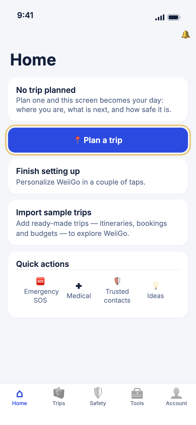 Home with no trip: the No trip planned card, the Plan a trip button and the setup cards