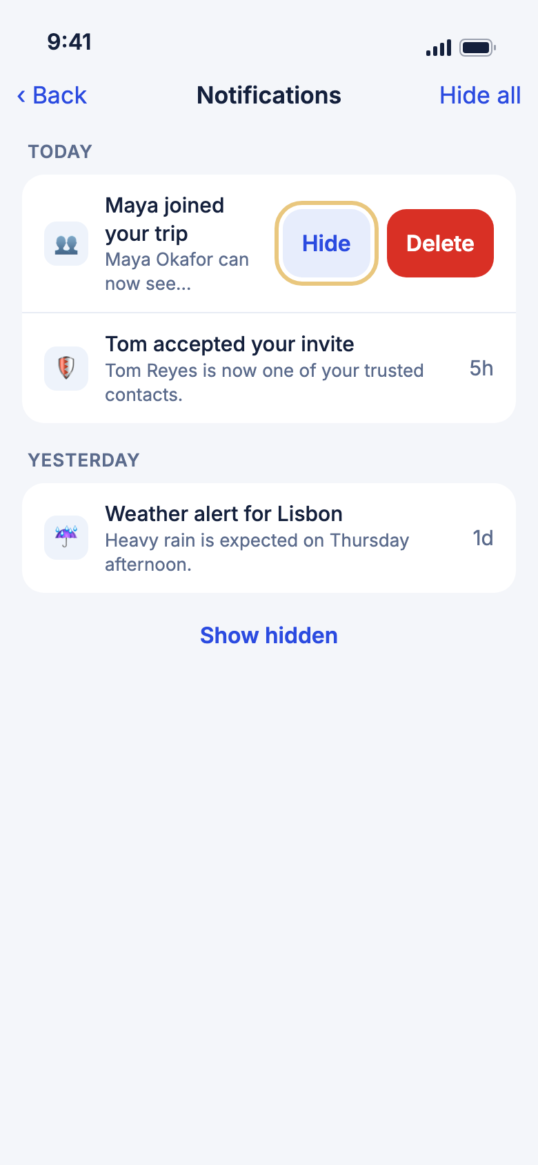 A notification swiped to the left, showing the Hide and Delete buttons