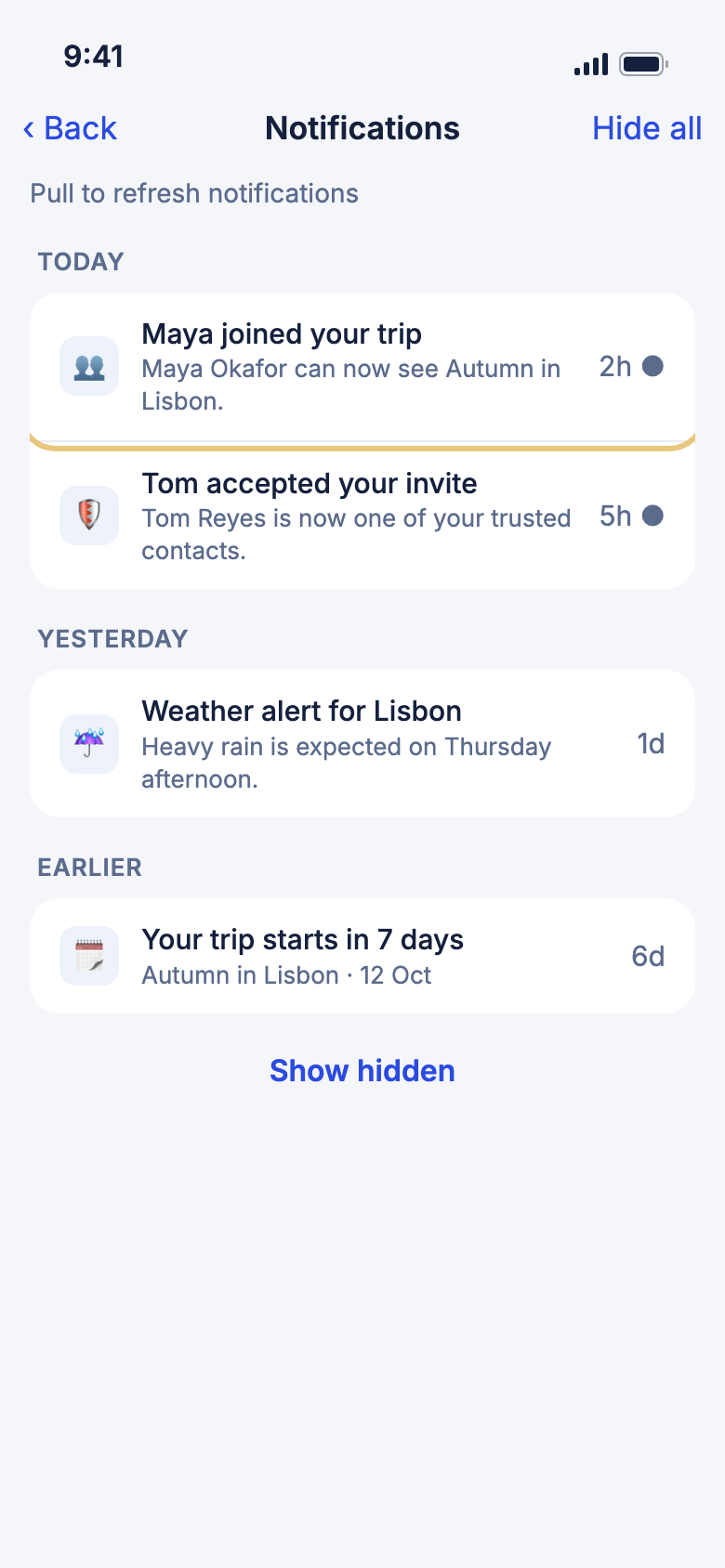 The Notifications screen, with notifications grouped under Today, Yesterday and Earlier