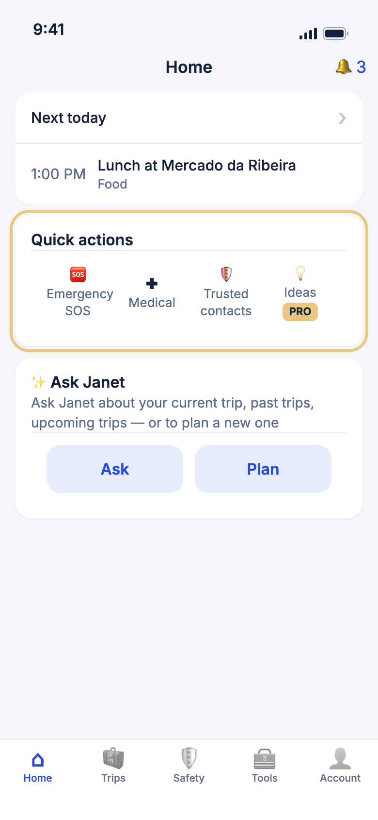 The Quick actions card on Home, with Emergency SOS, Medical, Trusted contacts and Ideas