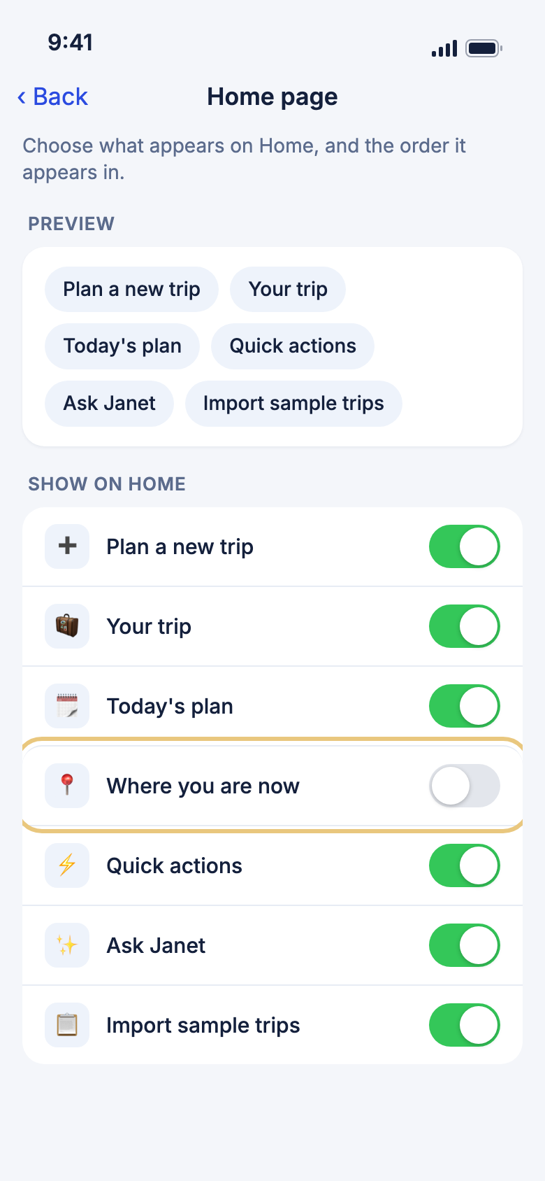 The Home page settings screen, with a switch for each card