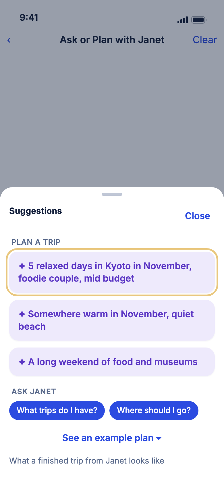 The Suggestions sheet, with an example trip idea marked
