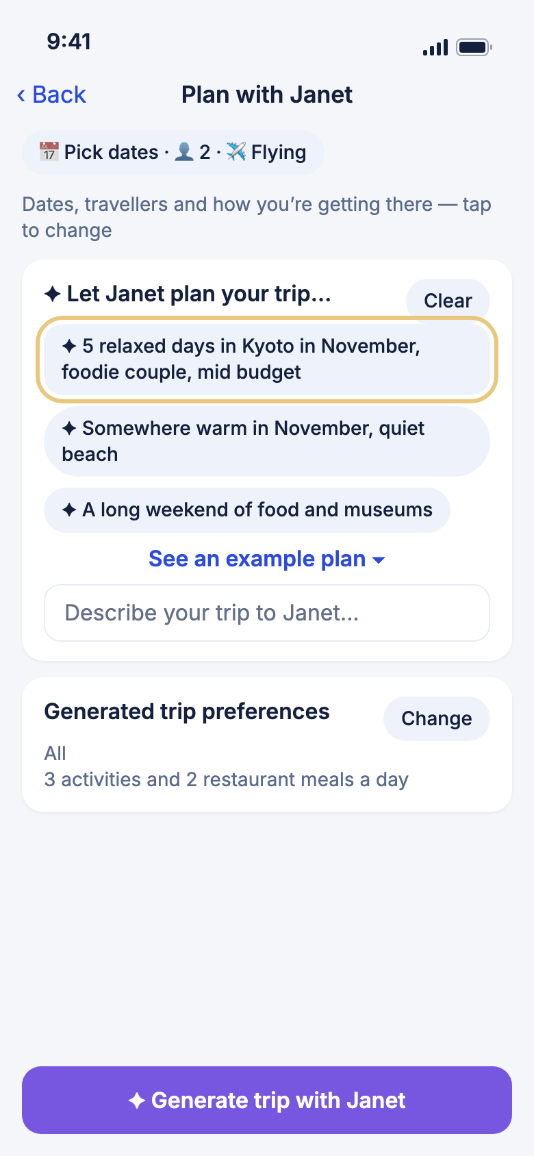The Plan with Janet page, with an example trip idea marked