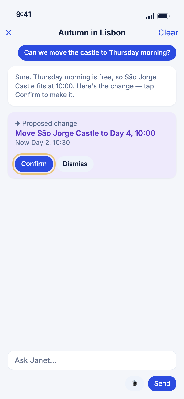 Janet suggesting a change to the trip, with the Confirm button marked