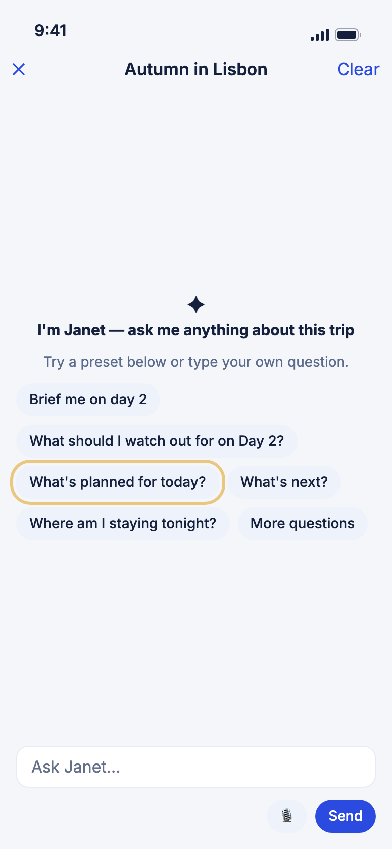 A chat with Janet on a trip, with question ideas to tap