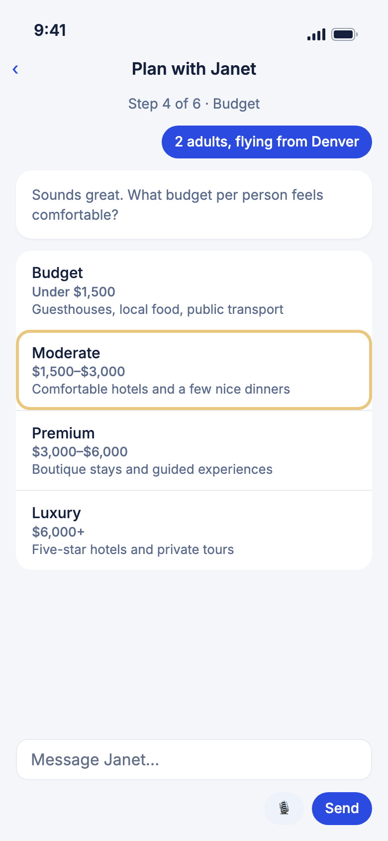 The budget step, with Moderate marked
