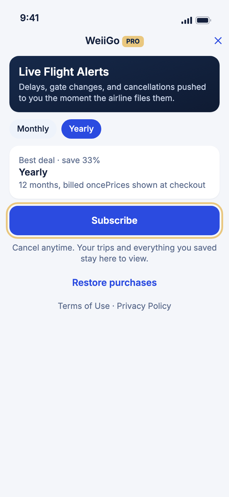 The Subscription page, with the Subscribe button highlighted
