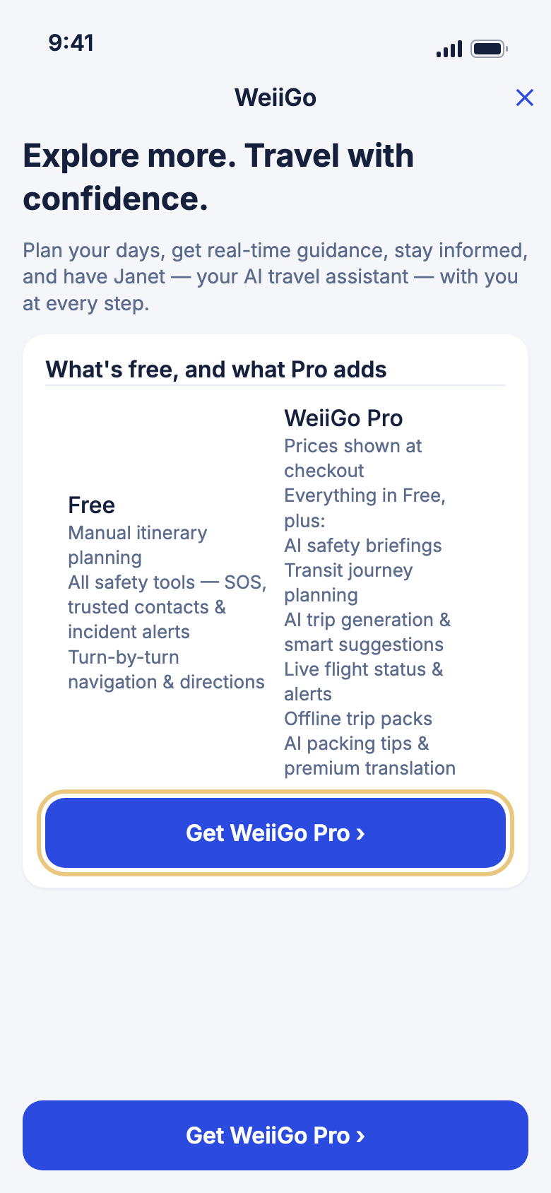The upgrade page, with Free and Pro side by side