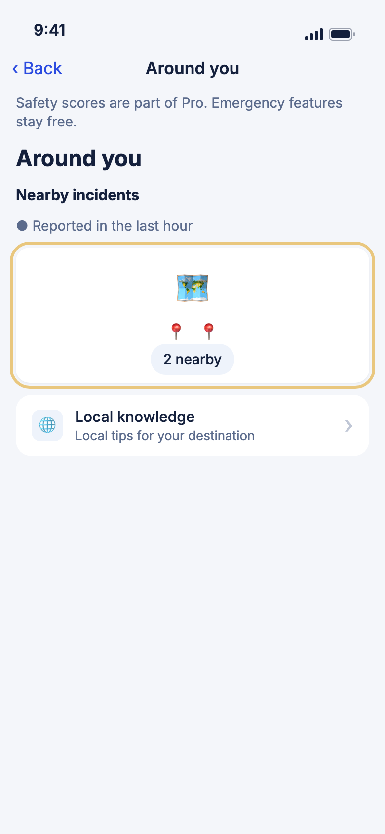 The Around you screen with the nearby incidents map highlighted
