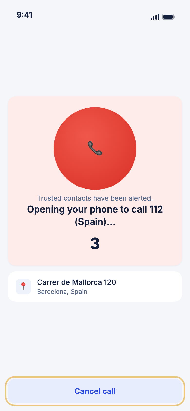 The calling screen counting down, with Cancel call highlighted