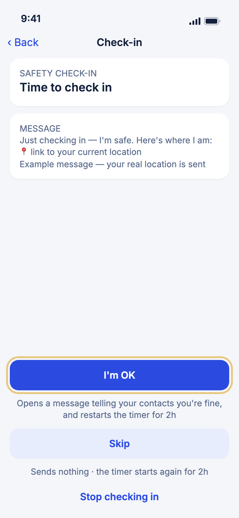 The Time to check in screen with I'm OK highlighted