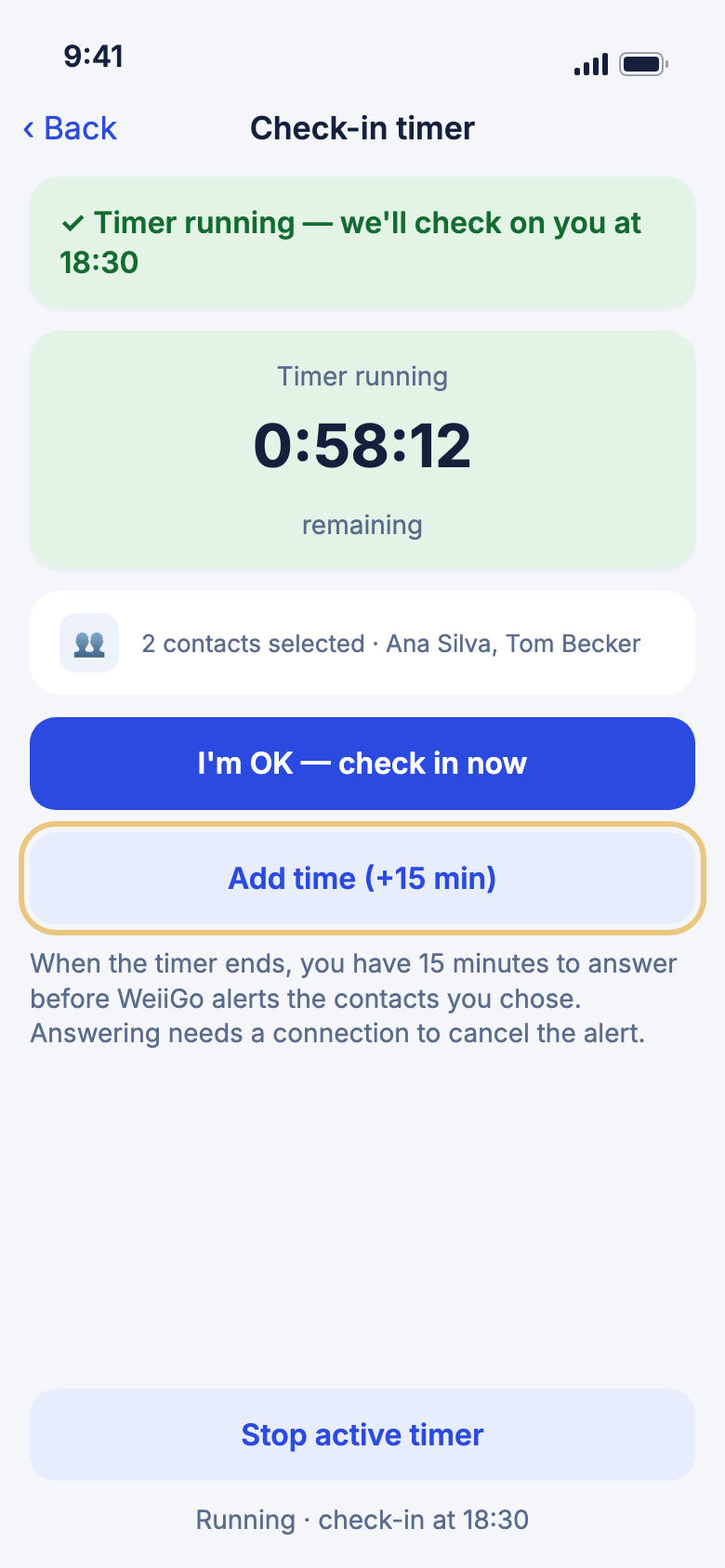 The running check-in timer with Add time highlighted