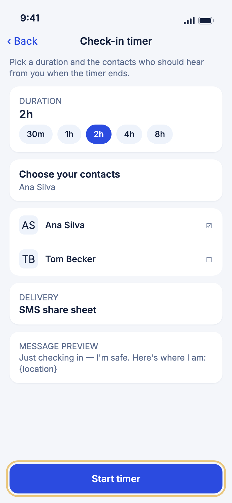 The Check-in timer screen with Start timer highlighted