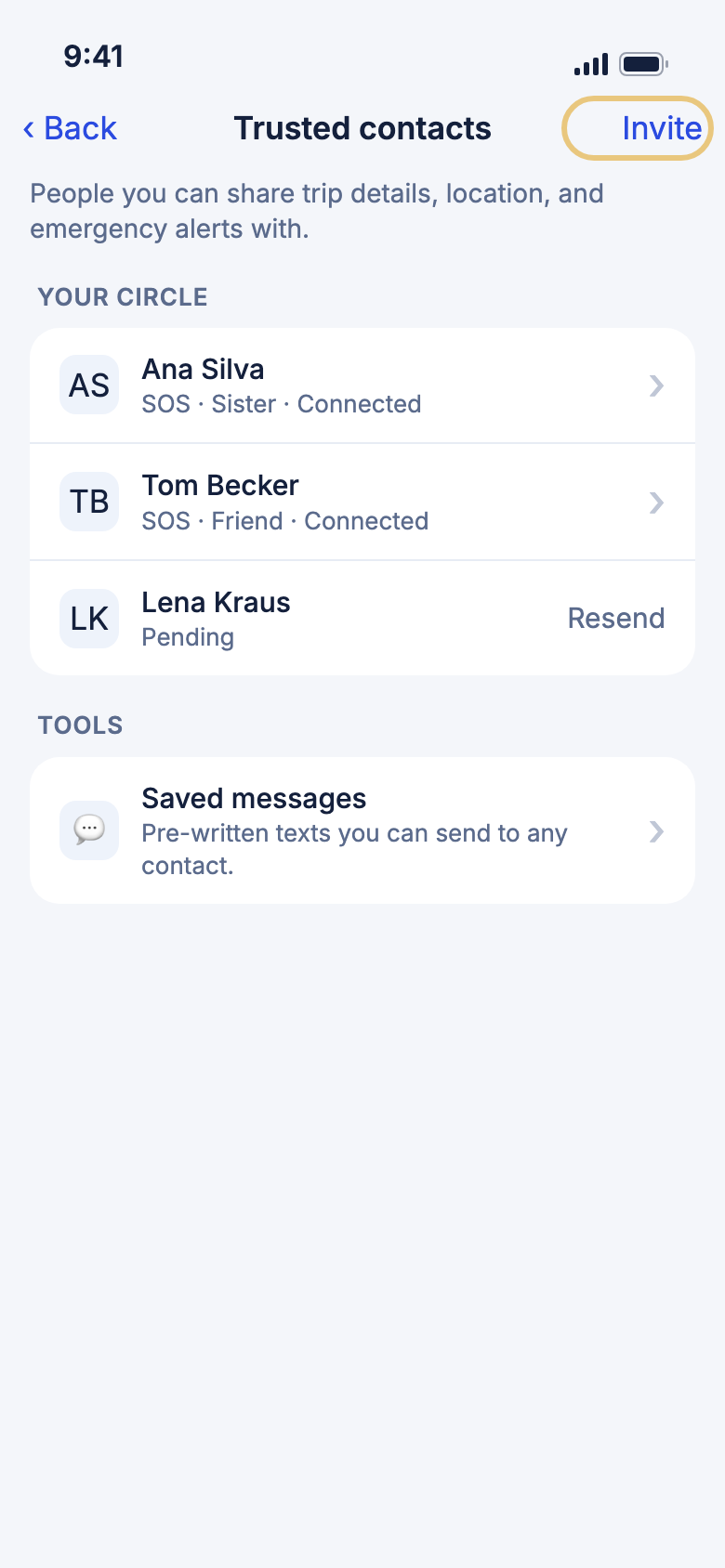 The Trusted contacts screen with Invite highlighted