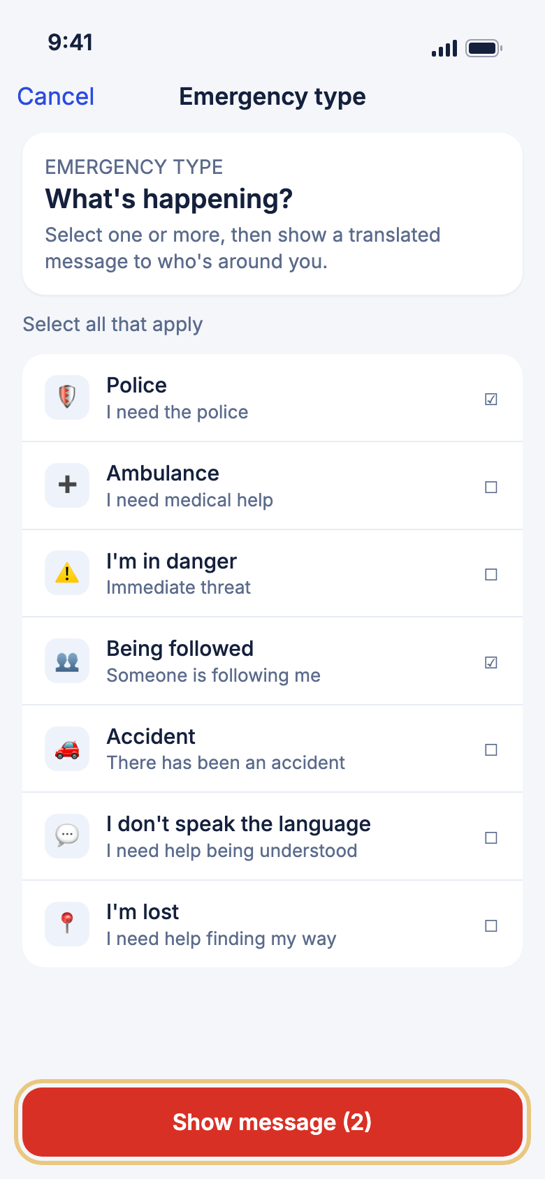 The Emergency type screen with two types chosen and Show message highlighted