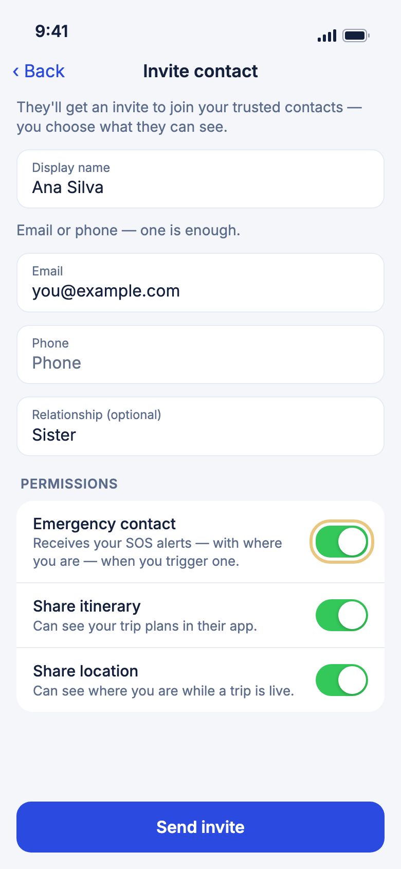 The Invite contact screen with Emergency contact switched on