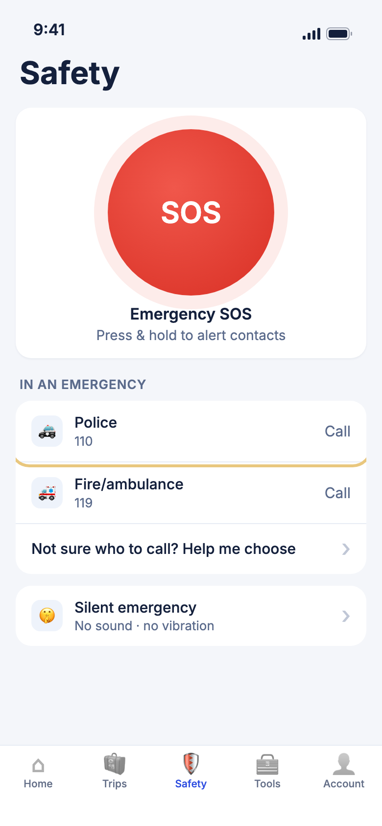 The Safety tab with the Police number highlighted