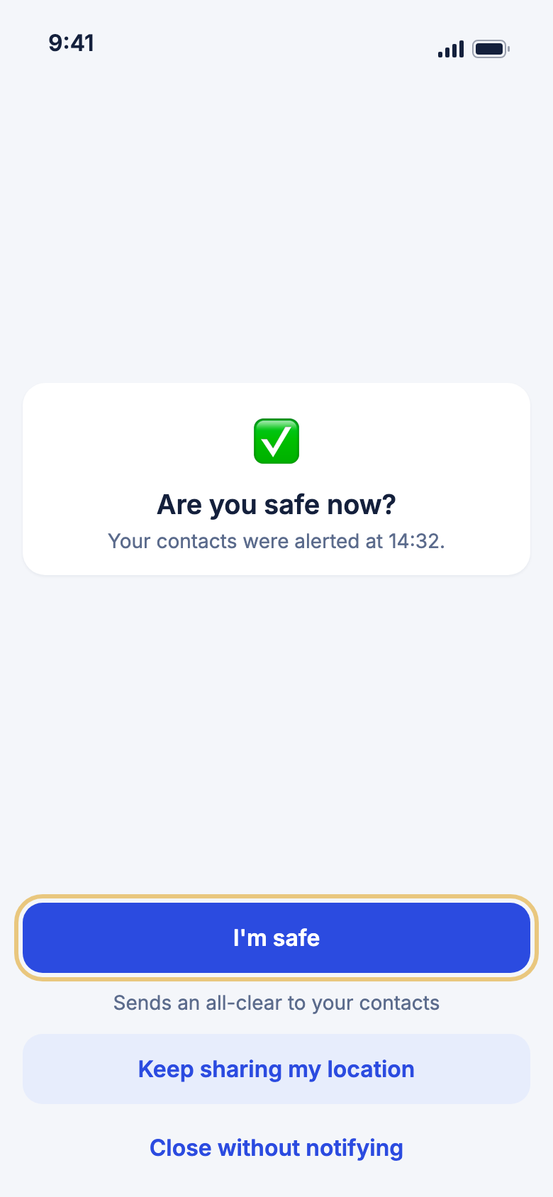 The Are you safe now? screen with I'm safe highlighted