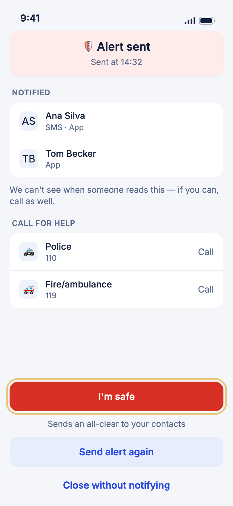 The Alert sent screen listing notified contacts, with I'm safe highlighted