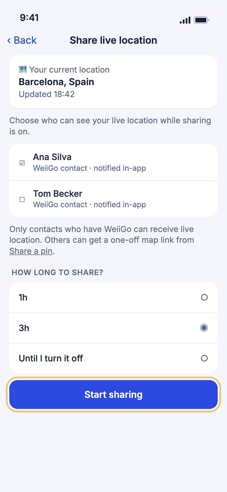 The Share live location screen with Start sharing highlighted