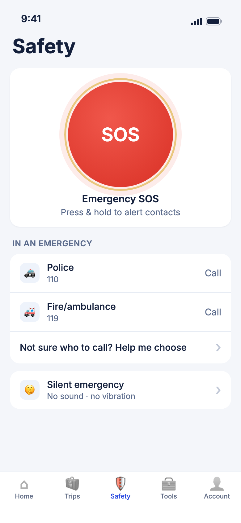 The Safety tab with the SOS button at the top