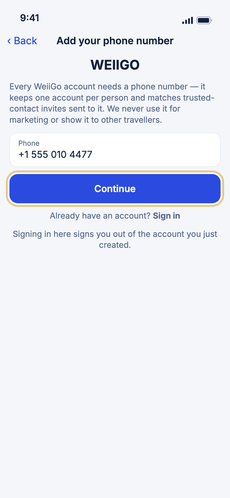 Add your phone number, with a phone number typed in and the Continue button