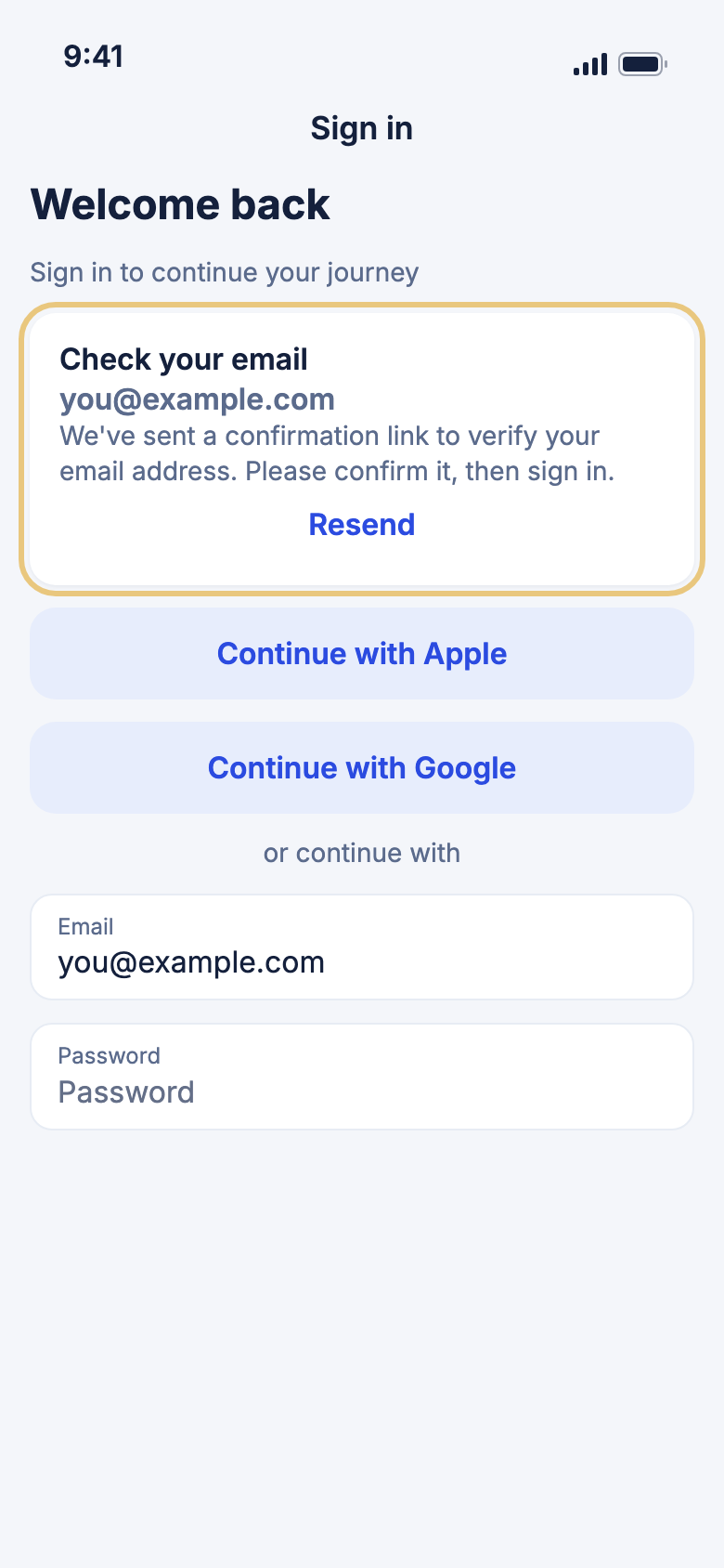 The Sign in screen showing the Check your email card with a Resend link