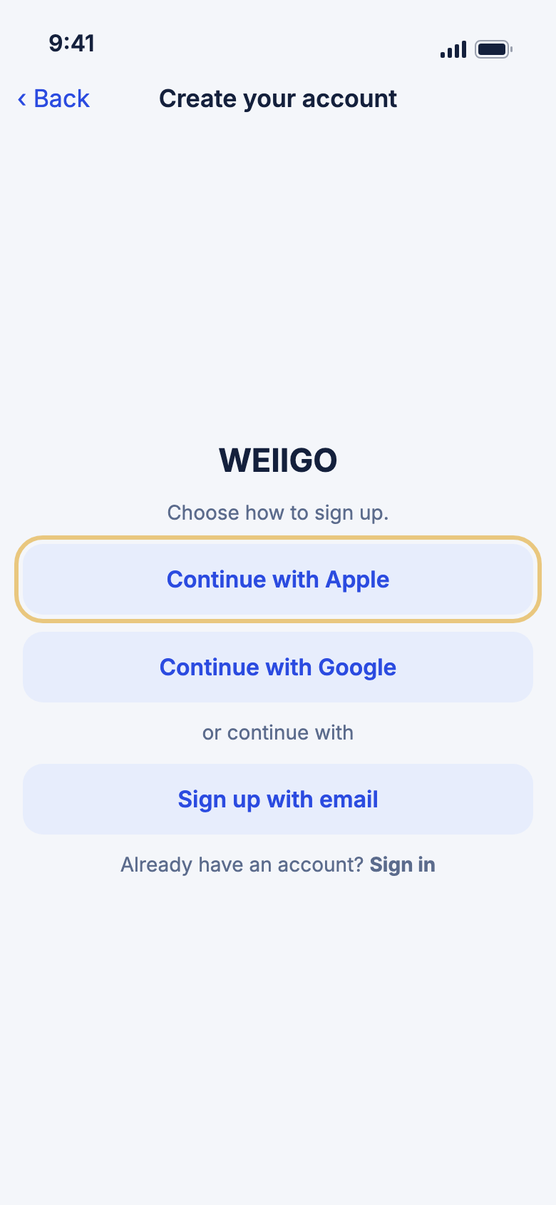 Create your account, with Continue with Apple and Continue with Google at the top