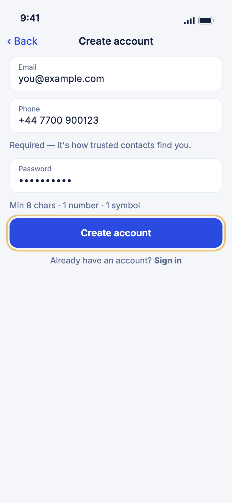 The Create account form with Email, Phone and Password filled in