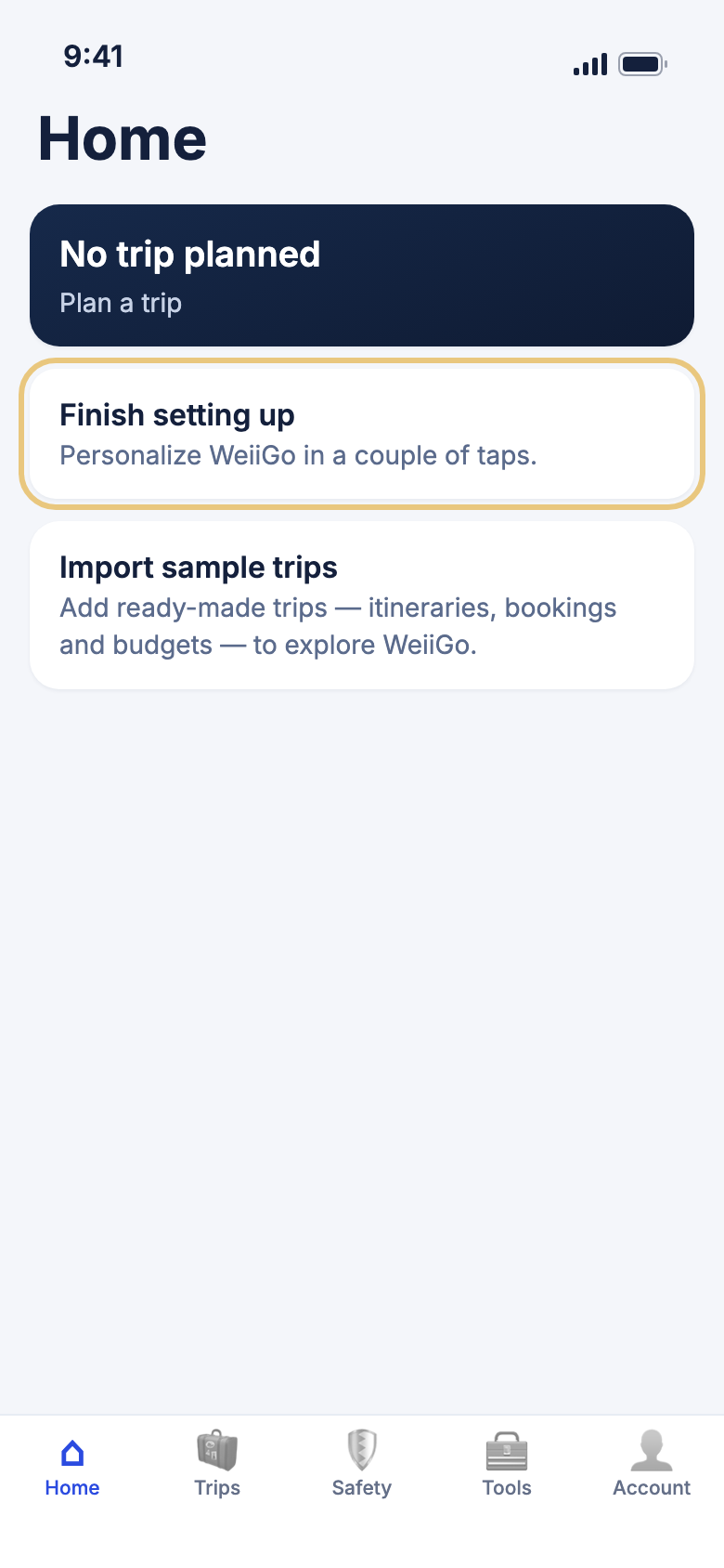 The Home tab with the Finish setting up card