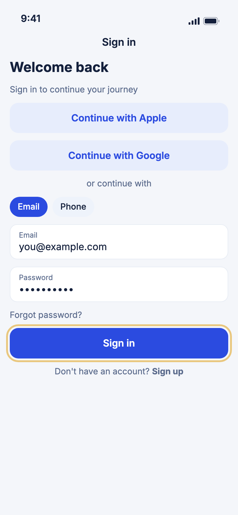 The Sign in screen