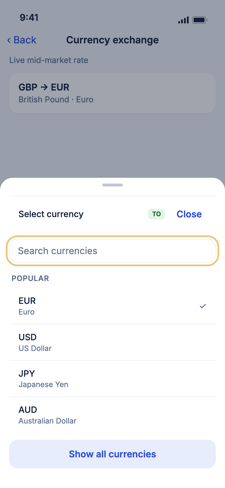 The currency list open, with the search box marked