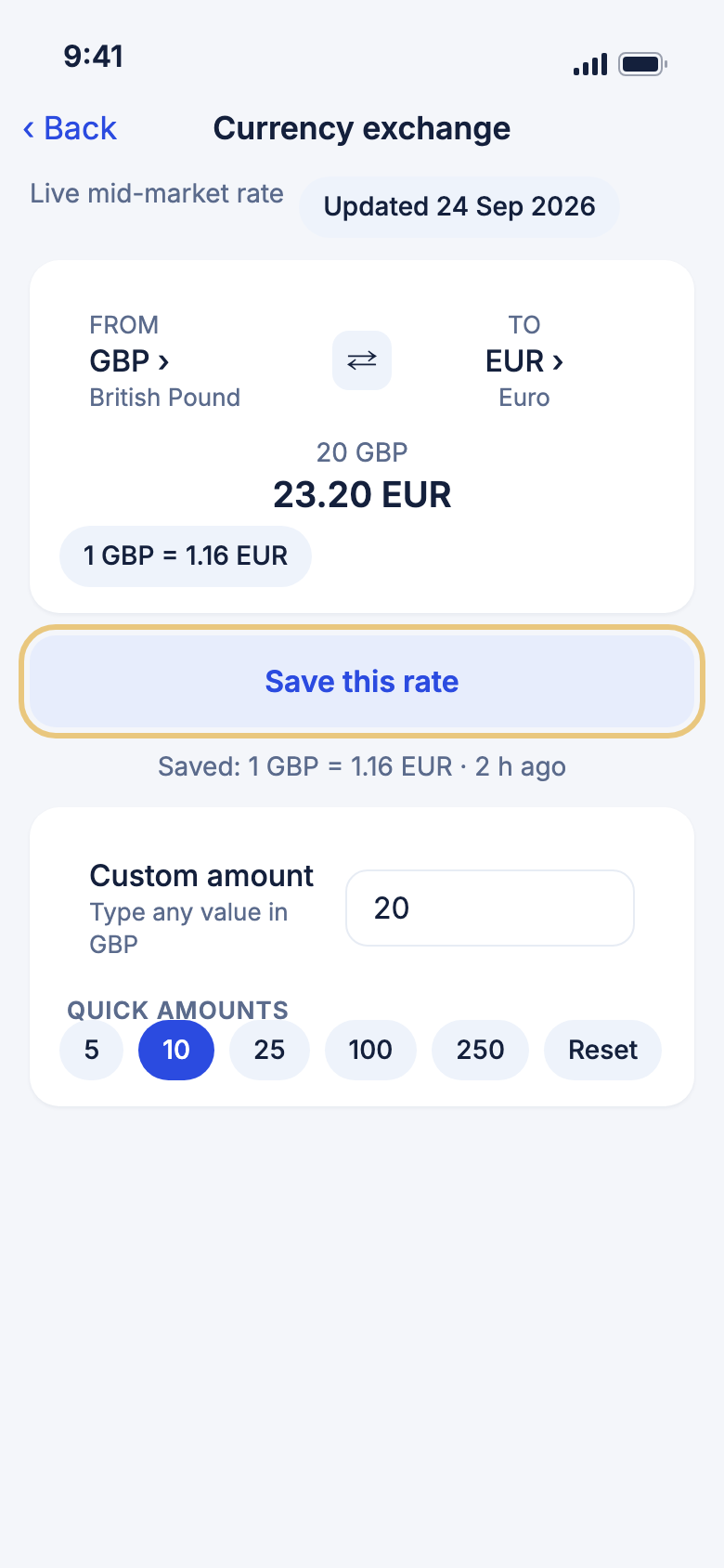 The Currency exchange page converting pounds into euros