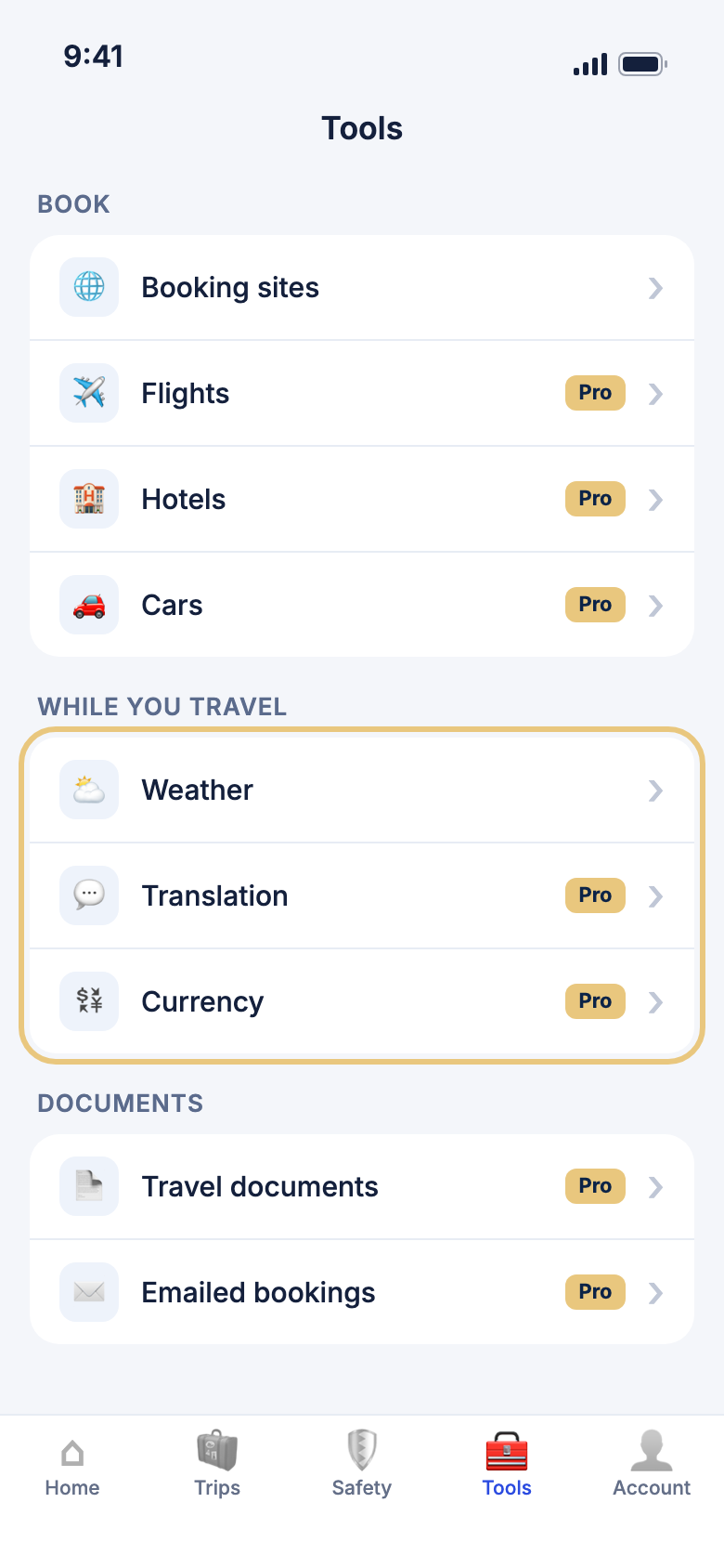 The Tools tab, with the While you travel tools marked