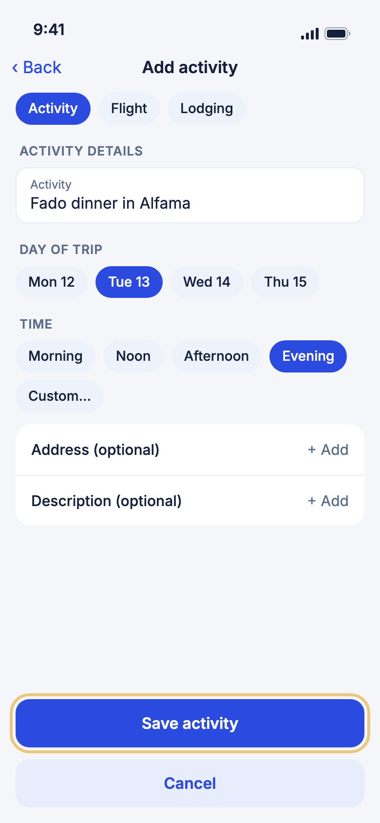 The Add activity form with the Save activity button highlighted