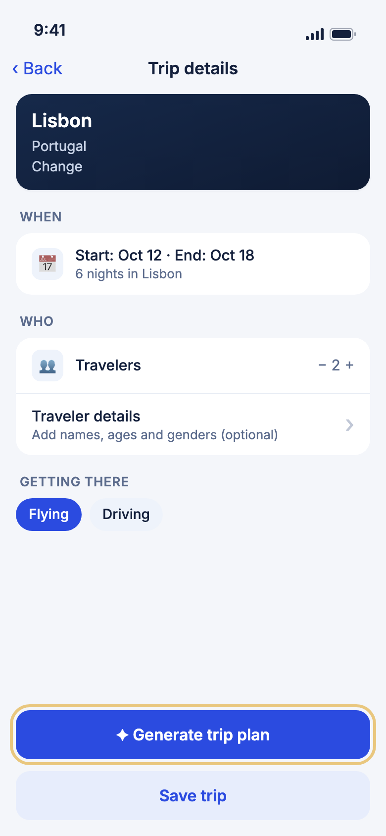 The Trip details screen with the Generate trip plan button highlighted