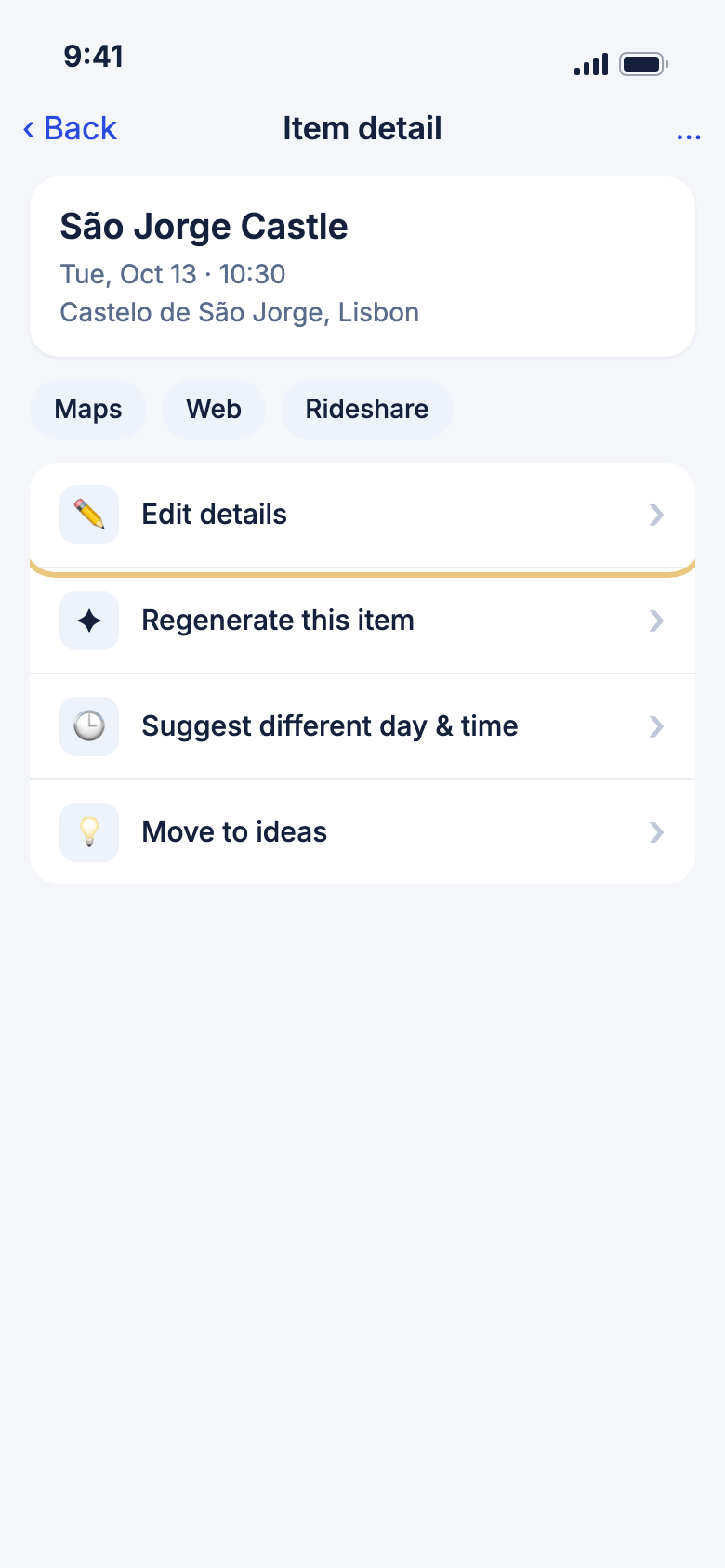 The Item detail screen with Edit details highlighted