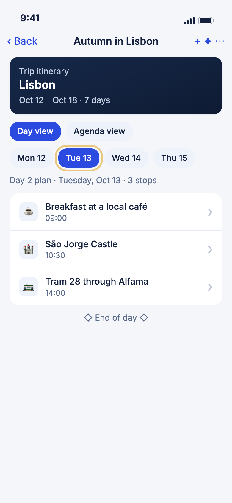 A trip's itinerary with the second day selected