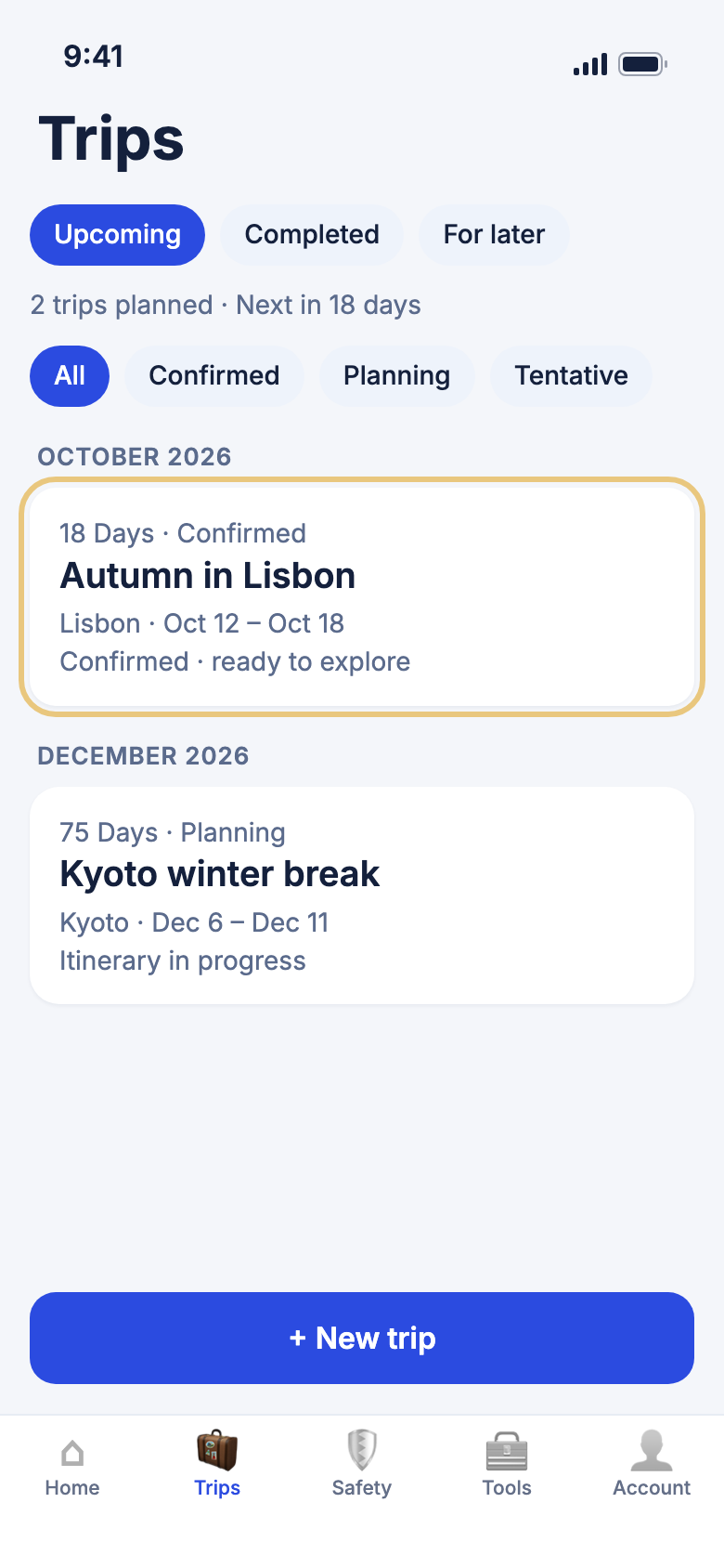 The Trips tab showing two upcoming trips