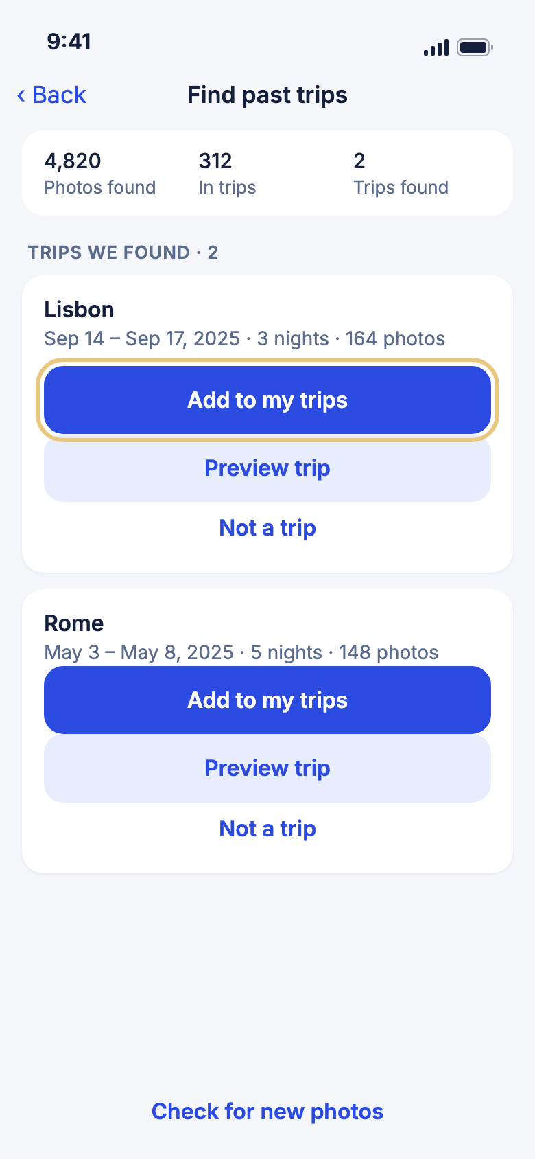 Find past trips, with Add to my trips marked