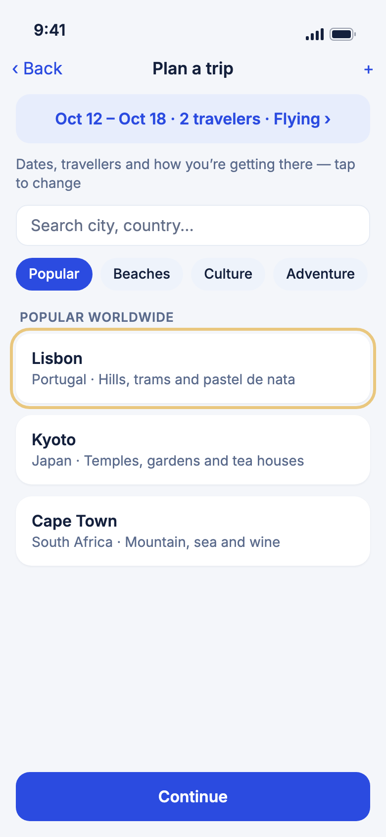 The Plan a trip screen with a grid of destinations